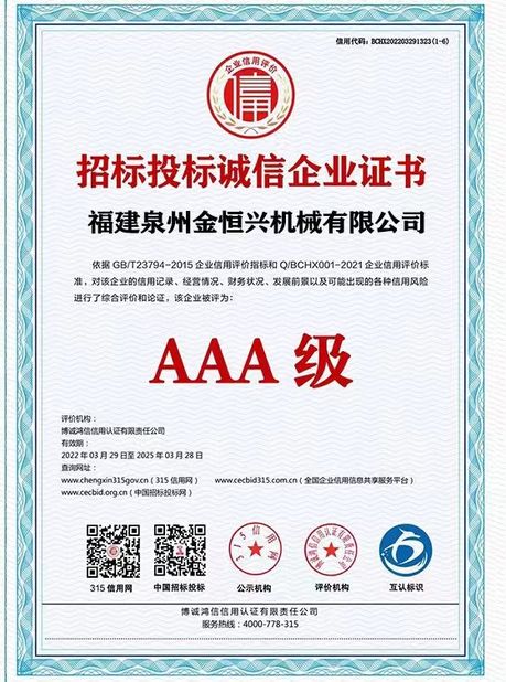 China Fujian Quanzhou Jinhengxing Machinery Co., Ltd certificaten